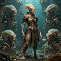 costume design made for underwater aliens, sophisticated composition, old masters light composition, procedurally generated, character posing for concept art, ancient ruins behind, substance designer, PBR, HD, Ultra detailed, hyperrealistic, megascans, volumetric light, concept by master artist, made in paint tool SAI2, trending pixiv face