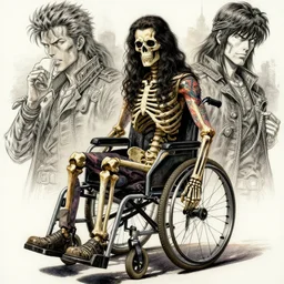 portrait, Long haired biker skeleton in a wheelchair, has tattoos, watercolor, dramatic lighting, cinematic, establishing shot, extremely high detail, foto realistic, cinematic lighting, pen and ink, intricate line drawings, by Yoshitaka Amano, Ruan Jia, Kentaro Miura, Artgerm, post processed, concept art, artstation, matte painting, style by eddie mendoza, raphael lacoste, alex ross