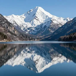 a beautiful lake, mirror like reflection of a snow capped mountain in the backround, scenic, high detail, sunshine.