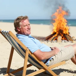 australian prime minister scott morrison relaxing on a beach chair, background on fire, bright sunny day, sandy beach