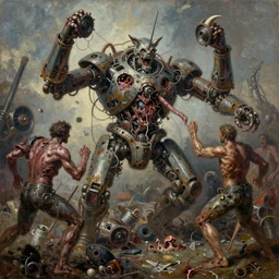 oil paint of flayed god machines, mutations cluster battle chaos, intricately macerated by age, sentient, dethroned goliath machine, whipping catarrh blood turbines, hydrocracking battles, rusted, macerated, eviscerated by fimbria wires, bicornate fungal pit, rotting, by alberto bontempi, alex ross, shigeru komat