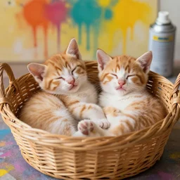 two kittens sleeping in a basket, spray paint, warm color palette, happy