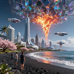 futuristic korean megapolis on waiʻanapanapa state park black beach of maui during interstellar crystalized fractal kaleidoscope glass sky, blazing fire tornadoes, lush sakura, advanced civilization, high tech spaceships, by peter mohrbacher, james jean, james gilleard, greg rutkowski, rule of thirds, octane render, beautiful