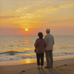 older couple standing on the shores of the north sea looking at the sunset, golden layers, sentimental, oil painting in the style of Eugene Delacroix, trending artstation,