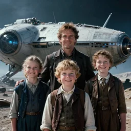 extremely sharply detailed, still from blockbuster 9 6 k sci fi color movie freeze frame, set 1 8 6 0, family standing in front of crashed spaceship, on alien planet, looking happy, wearing 1 8 5 0 s era clothes, atmospheric lighting, in focus, reflective eyes, 9 9 9 9 mm macro lens, live action, nice composition and photography, clear facial details