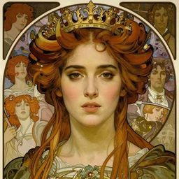realistic detailed face portrait of Jennifer Connelly as a beautiful young medieval queen by Alphonse Mucha, Ayami Kojima, Amano, Charlie Bowater, Karol Bak, Greg Hildebrandt, Jean Delville, and Mark Brooks, Art Nouveau, Neo-Gothic, Surreality, gothic, rich deep moody colors