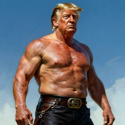extremely muscular Donald Trump looking like Conan the barbarian, fantasy, movie poster, by Frank Frazetta