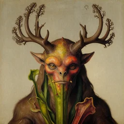 close up portrait of a mutant monster creature with ten antlers growing in fractal forms, face in the shape of a colorful exotic carnivorous plant. by jan van eyck, walton ford