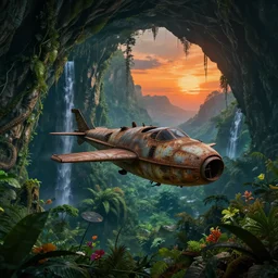 a rusty and dirty flying vehicle in a prehistoric jungle cave, lush flora, waterfall, mountains, flowers, vines, orange sky, dark blue, green, sunset, hazy, volumetric lighting, rtx on, photography, beautiful, stunning, ultra - detailed