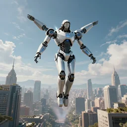 futuristic city on the sky with cool jesus christ robot coming down from the sky