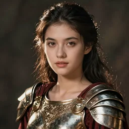 close - up portrait of beautiful young woman dressed gladiator with metallic armor, art by jeanloup sieff