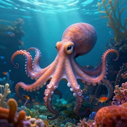 octopus with head of emma watson swimming in an octopus'garden under the sea in the shade. trending on cgsociety, happy atmosphere, volumetric lighting, unreal engine, 4 k wallpaper