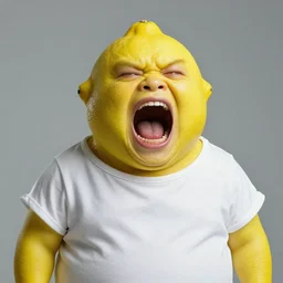 a portrait of a gross biopunk lemon creature screaming in pain with white a tunic, hyperrealistic