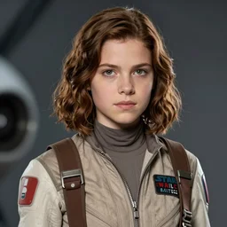 star wars portrait of a woman by greg rutkowski, jaina solo, wavy brown hair, wearing a starfighter pilot uniform of the galactic alliance, she is about 2 0 years old, sharp foccus, artstation hq.