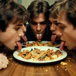 a group of people licking from the same plate, food scattered all around, tension, canon 5 0 mm, cinematic lighting, photography, retro, film, kodachrome, closeup