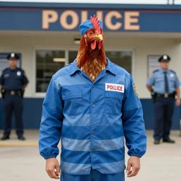 chicken dressed as an inmate, real photography, police statiom