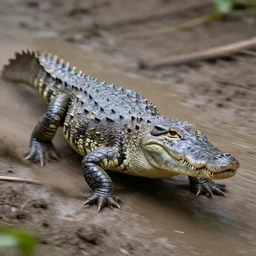 action photography, long shot, award winning macro photo of an ultra detailed intricate muddy gray crocodile running insanely fast in mud, fast shutter speed, motion blur, tiny gaussian blur, highly detailed, highly intricate, depth of field, national geographic
