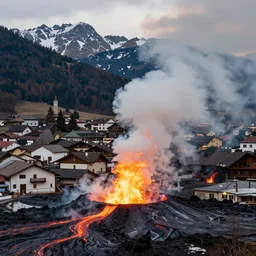 an italian town in the dolomites mountains, lava flowing on the ground, volcanic eruptions like gysers of fire, thick smoke in the air