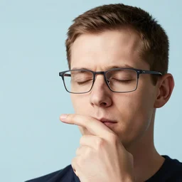white man with short neat brown hair with square glasses closing his eyes, forming an l shape finger on his mouth, light light blue background, low contrast, professional photography