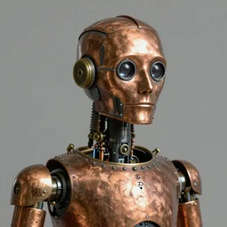 portrait of a robot from the 17th century, made of copper, brass, iron, wood, glass lenses, VFX render