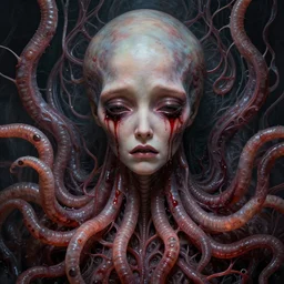 alien sad medusa, face of emilia clarke, crying blood, tubular creature, blood vesels, no face, dystopian surrealism, art style alex ries giger, zdzisław beksinski, symmetry accurate features, very intricate details, high resolution, 4 k, intricate, sharp
