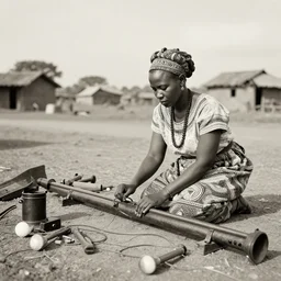 photo of beautiful African native ancient woman inspecting railgun, tools and junk on the ground,wires with lights, old village in the distance, vintage old photo, black and white, sepia