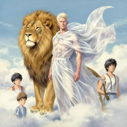 aesthetic portrait commission of an albino male furry anthro lion amongst the clouds in the sky wearing a silky white translucent cloak blowing in the wind, Atmospheric. Character design by charlie bowater, ross tran, makoto shinkai, Greg Rutkowski and Thomas Kinkade, detailed, inked, western comic book art, 2021 award winning painting