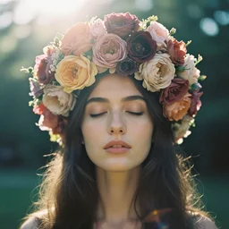 An analog head and shoulder frontal face photography of woman wearing a big!!! oversize floral headpiece crown by Oleg Oprisco. Vogue. Long hair. closed eyes. Kodak Portra 800 film. Depth of field. whirl bokeh. Sunshine. detailed. hq. realistic. warm light. muted colors. Moody. Filmic. Dreamy. lens flare. Leica M9, f/1.2, symmetrical balance, in-frame