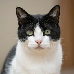 photo of a cat, white bottom and jaw, black forehead and top, one eyepatch