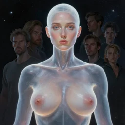 portrait of a buxom god of space, transparency skin. light coming from down. realistic, unsymmetrical face. art by bowater charlie, mark brooks, julie bell, arian mark, tony sandoval