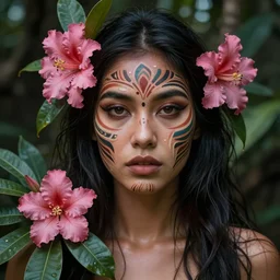 a beautiful portrait of a beautiful woman in the jungle surrounded by pink flowers, tribal face paintings, matte painting, fantasy art