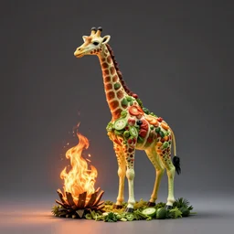 a giraffe sculpture that is on fire and is made from vegetables