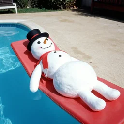 Snowman sunbathing at pool, 1987 kodak photograph