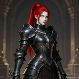 full body portrait of beautiful paladin lady in the temple, face details, heavy black armor, red ponytail, white skin, golden eyes, high fantasy, dnd, extremely detailed, smooth, sharp focus, digital illustration, by ironstylus, rossdraws, artgerm