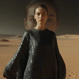 a close up of a female fashion model with large eyes, clothes by issey miyake, standing on a martian landscape, cinematic movie scene, inspired by the movie the fifth element, by kim jung gi, hyperrealistic, fine details, octane render, volumetric moody lighting