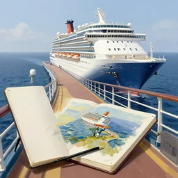 a cruise ship bridge that has turned into a base and features a sketchbook, oil painting