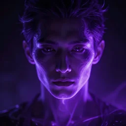 closeup portrait of an ethereal person made of purple light, male, divine, cyberspace, mysterious, dark high-contrast concept art