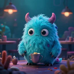 little fluffy monster in a underwater cafe. upcoming 3 d animation by an indie studio, rimlighting, depth of field, limited but vibrant palette, intricate details, gothic horror, chiaroscuro, bokeh.