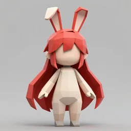 low poly model of a 3D anime girl, long crimson hair, rabbit ears, round face, medium shot, trending on ArtStation, detailed face