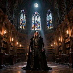 Dark majestic ornate great hall, grand library, barogue, torches, stained glass windows, arena, moonlight rays, Darek Zabrocki, Karlkka, trending on Artstation, 8K