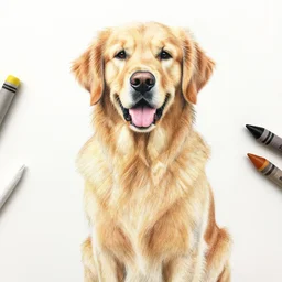 finished 8 2 years old drawing of a golden retriever, crayons. high details, photorealistic, artstation trending
