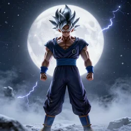 full shot of angry darkness warrior style goku super saiyan at moonlight, snowing, lightning bolt, detailed, unreal engine 4k volumetric light, fog,