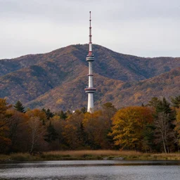 a mountain with a radio tower next to a pond, autumn hills in background. telephoto lens photography.
