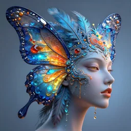 3 d goddess butterfly face profile portrait, face profile in the center, beautiful intricate highly detailed quetzalcoatl feathers. bioluminescent, blue liquid, orange liquid, yellow liquid, red liquid, artwork by tooth wu and wlop and beeple and greg rutkowski, 8 k trending on artstation, volumetric lighting