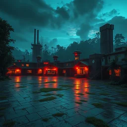 a beautiful detailed highly detailed nature plaza abandoned urbex architecture city industrial architecture by odile decq, synthwave assassin's creed neon noir nightsky laser thermal imaging at dusk rainforest at night lake sunlight, archdaily, wallpaper, highly detailed, trending on artstation.