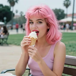 hyper realistic woman with pink hair eating ice cream, 8 0 s, los angeles park, analog photograph