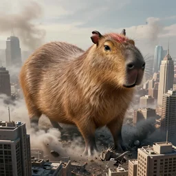 a giant capybara destroying skyscrapers in a large city, smoke and destruction, conecpt art, cinematic, highly detailed, ornate, intricate detail, 4K, realistic, octane render, unreal engine