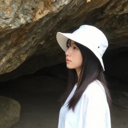 a girl with a white hat in cave