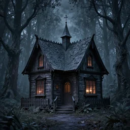fairytale cottage in haunted nightmare woods, dark and gothic, full frame, art by james o barr, edward gorey and walter crane, black and white engraving, vector, vector art