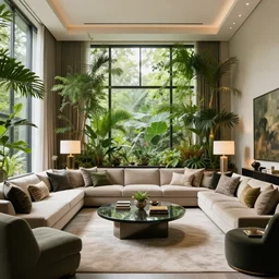 luxury living room filled with plants and trees, photo by architectural digest